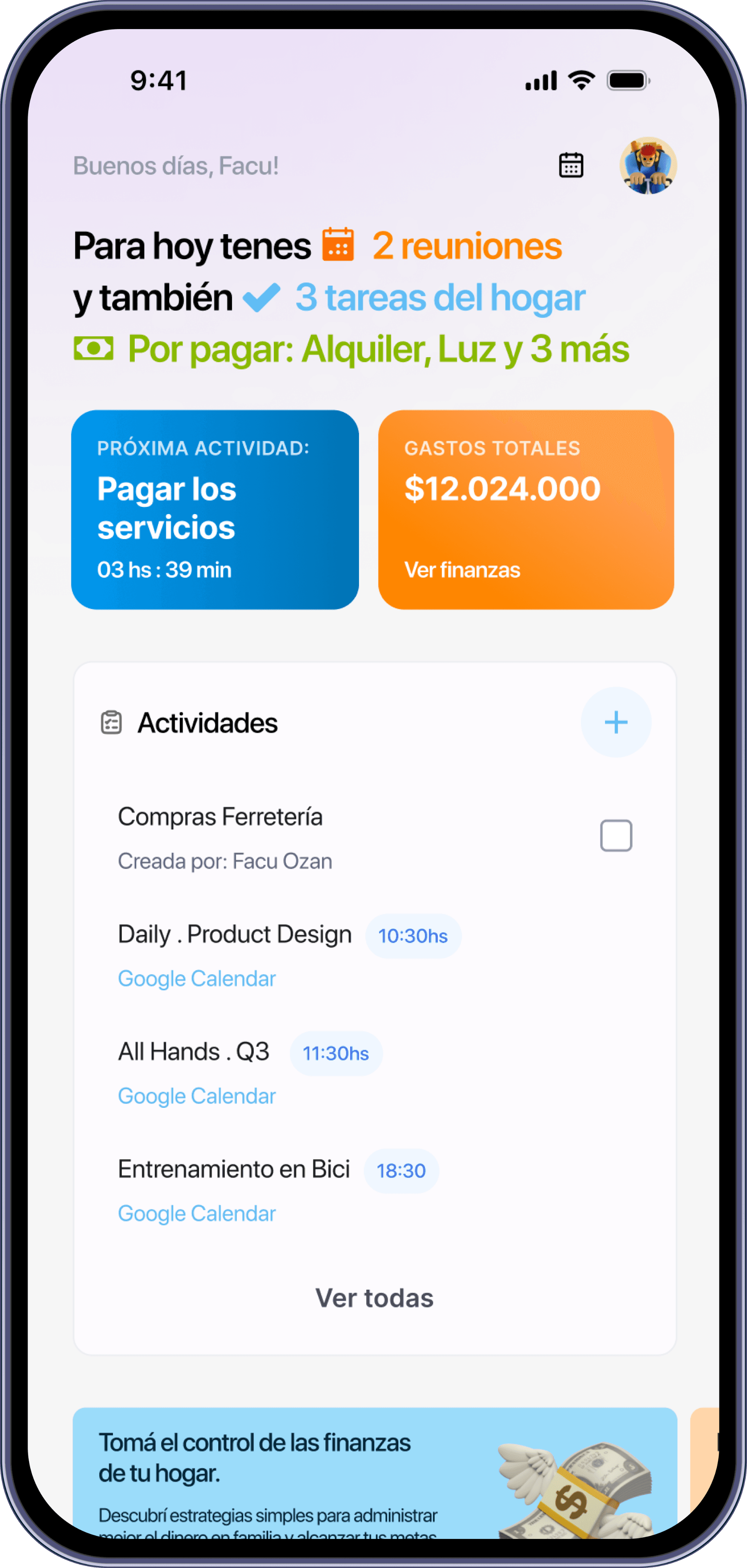 La app de Homely mostrando las actividades y los gastos del día