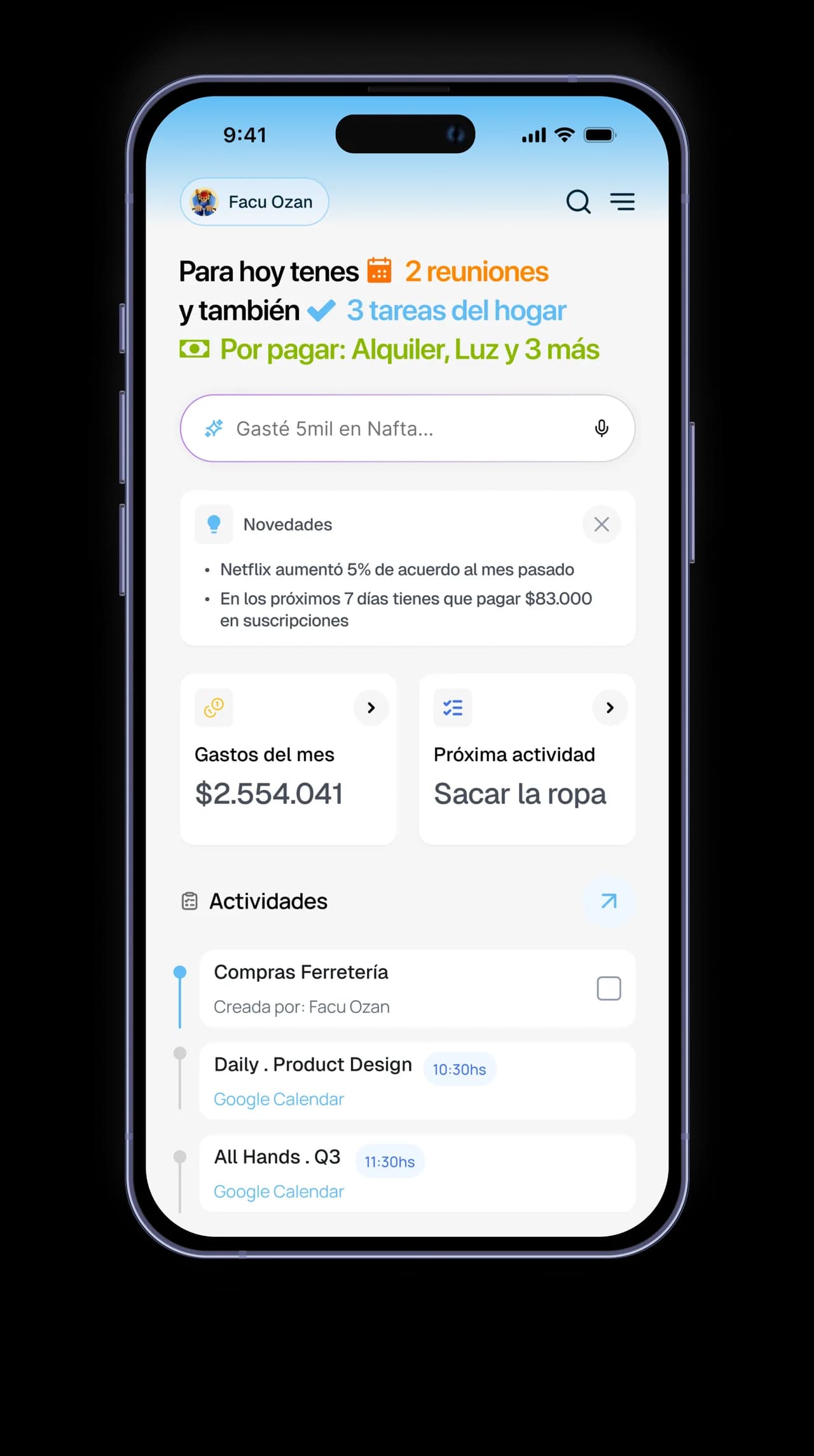 La app de Homely mostrando el resumen de finanzas del día