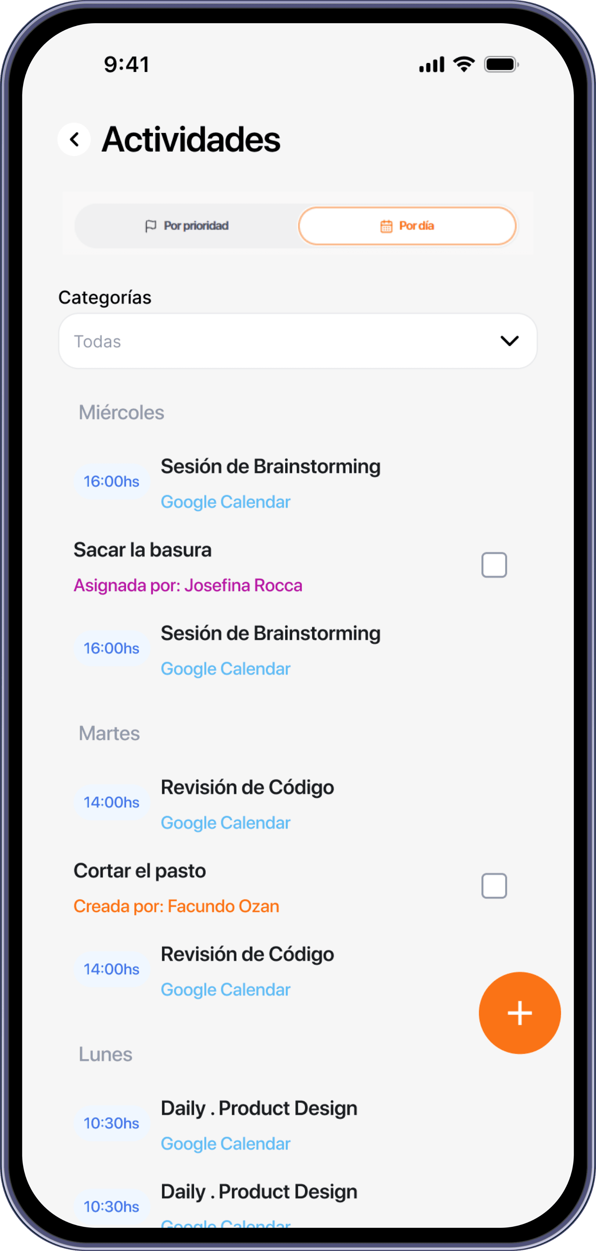 Pantalla de Actividades de Homely agrupadas por día