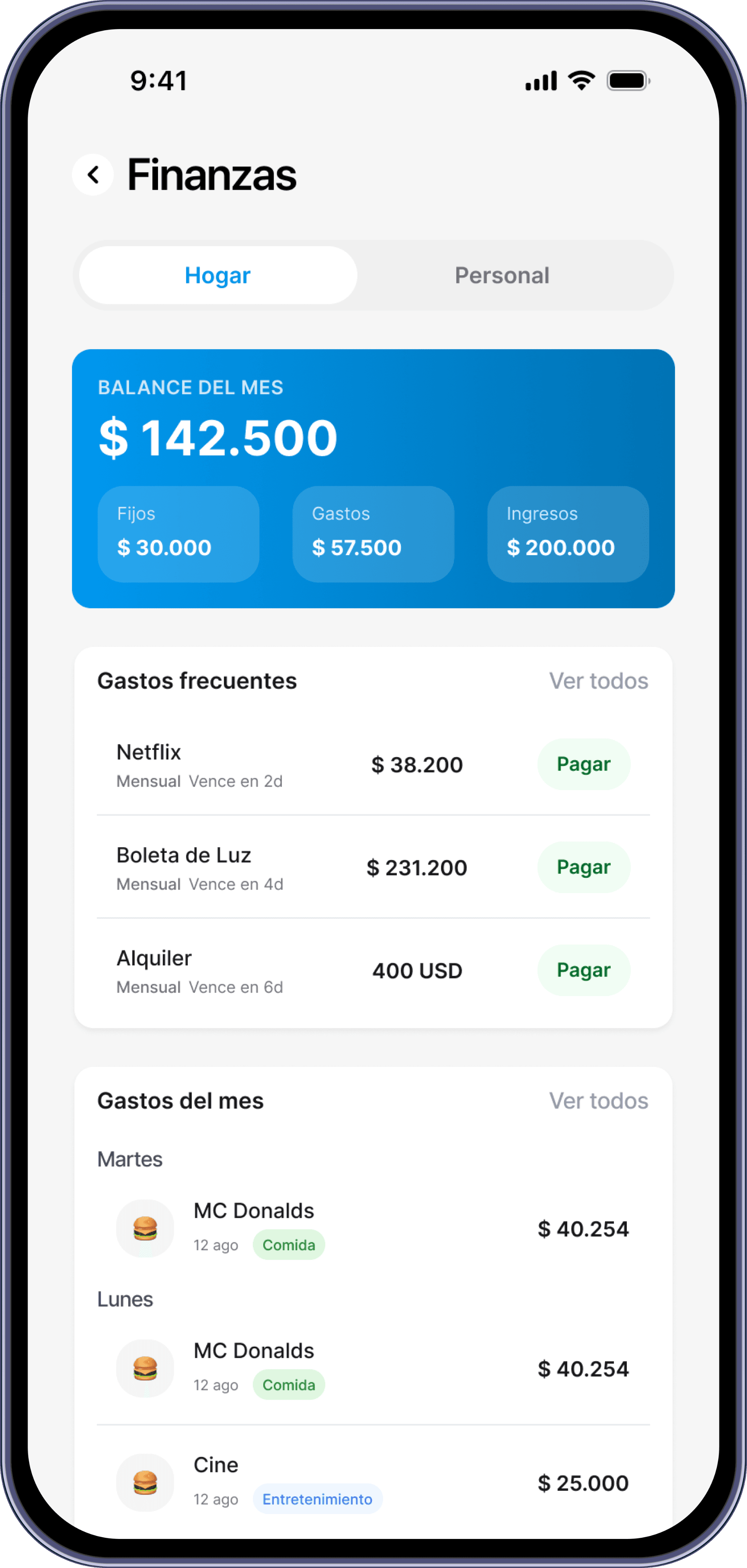 Pantalla de Finanzas de Homely con el balance del mes y los gastos frecuentes