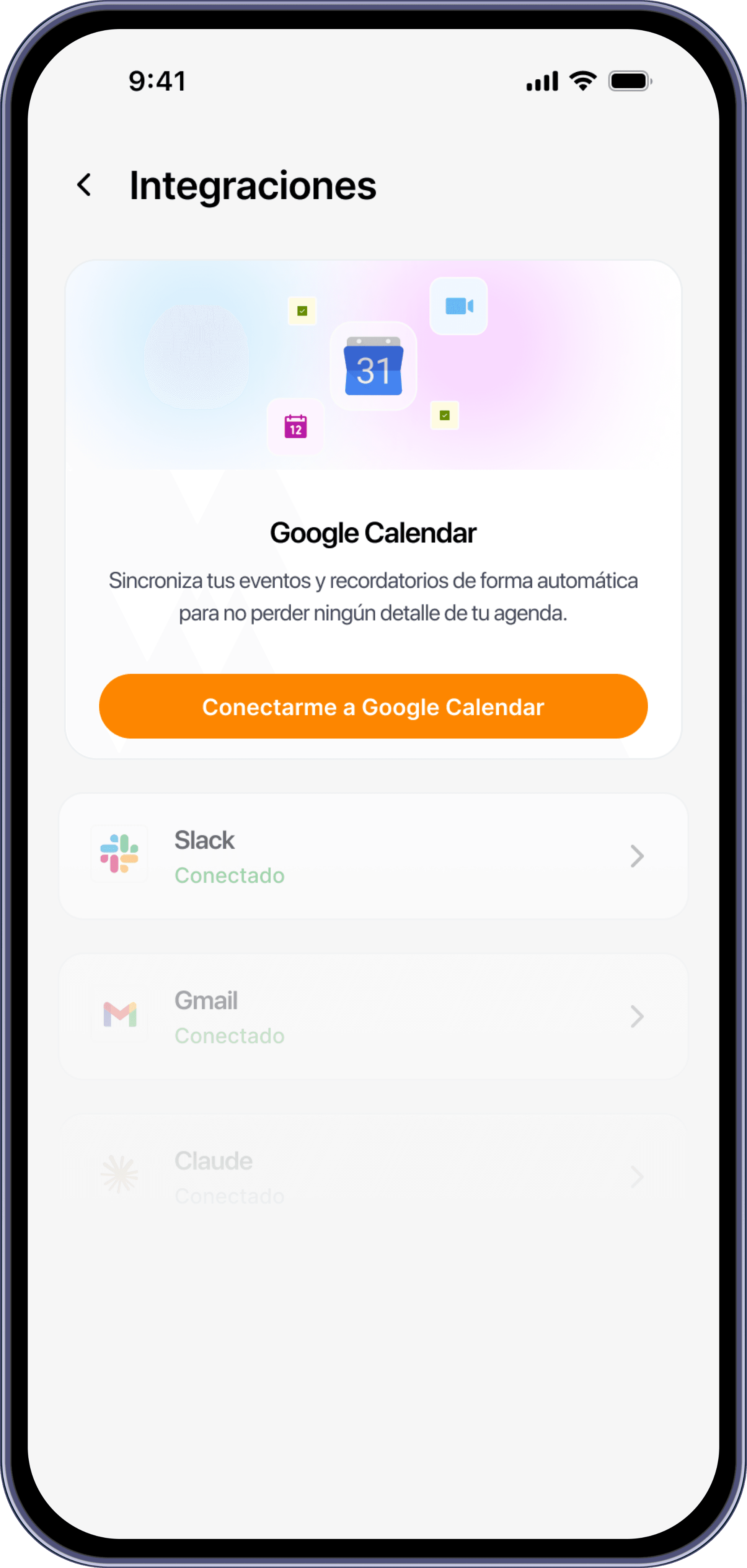 Pantalla de Integraciones de Homely con Google Calendar, Slack y Gmail